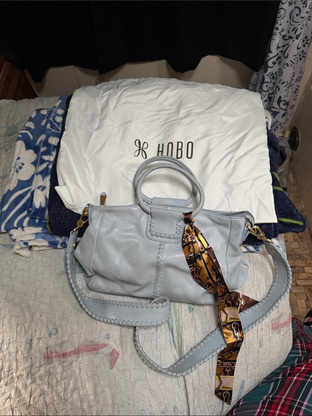 NWOT HOBO Light Blue Leather Hobo Bag with Scarf Accent Bonus!